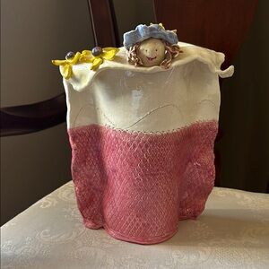 Signed artesian slab clay pottery vase with face and daisies